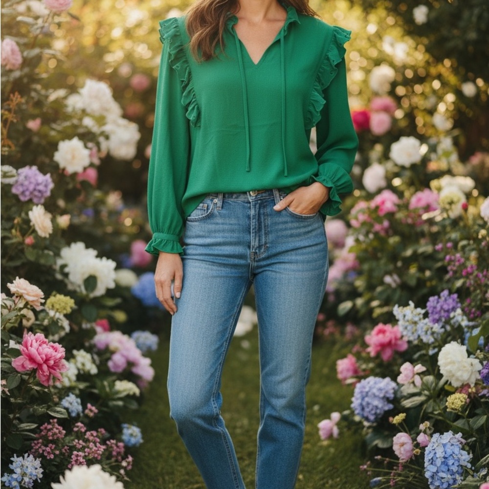 🌺NWOT🌺 CeCe Green Ruffled Blouse with Tie